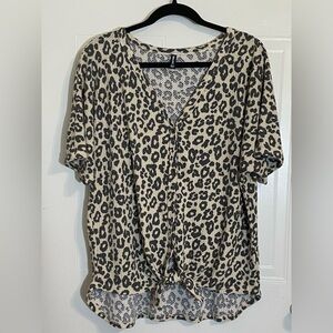 IWOLLENCE Leopard Print Waffle Weave Tie Up Button Down Shirt XL